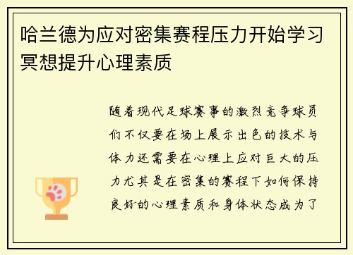 哈兰德为应对密集赛程压力开始学习冥想提升心理素质 哈兰德为应对密集赛程压力开始学习冥想提升心理素质