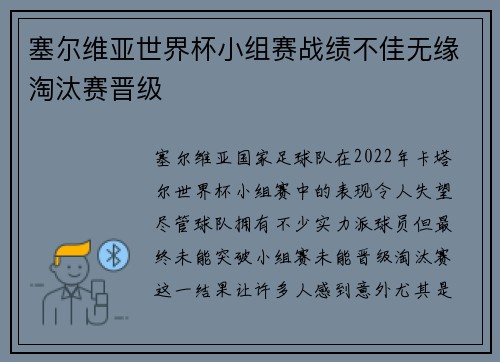 塞尔维亚世界杯小组赛战绩不佳无缘淘汰赛晋级