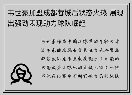 韦世豪加盟成都蓉城后状态火热 展现出强劲表现助力球队崛起